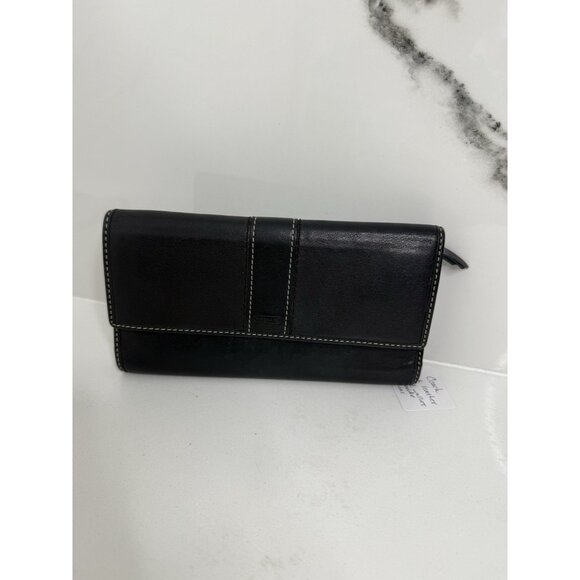 COACH Hampton Black Wallet Tri-Fold Clutch Leather Purple Lilac Purple Interior - Picture 1 of 7